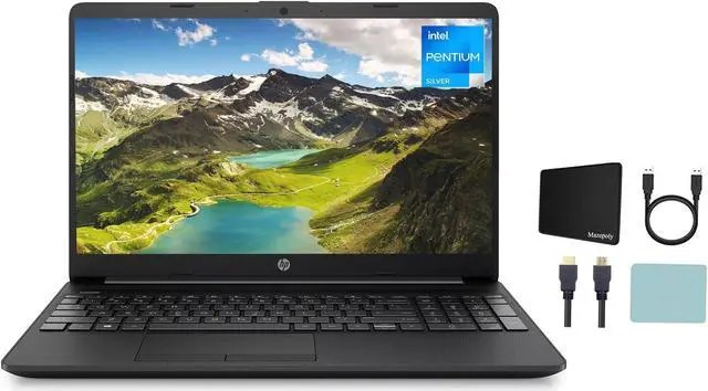 Main image of HP 15.6"" HD Display Laptop, Intel Pentium N5030 Processor, 4GB RAM, 128GB SSD, Media Card Reader, One-year Office 365 Included, Windows 11 Home, Jet Black + Mazepoly Accessories