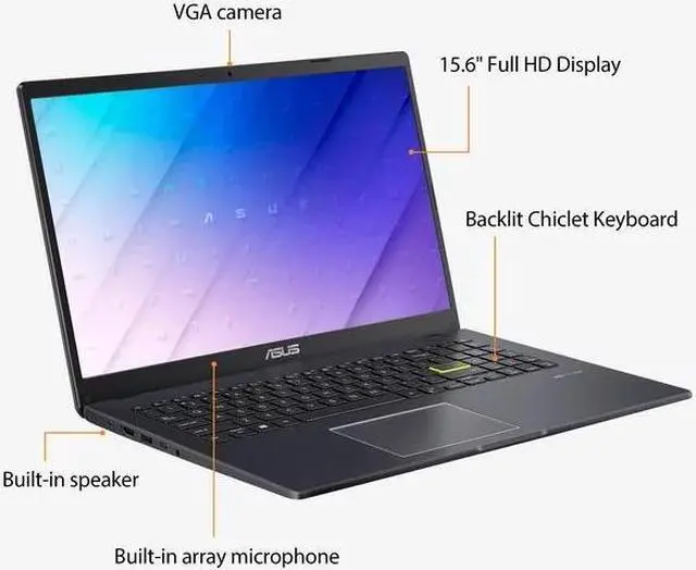 Alt view image 4 of 7 - ASUS 15.6" FHD VivoBook Go L510 Ultra Thin Laptop, Intel Celeron N4020, 1.1GHz, 4GB RAM, 128GB eMMC, 1 Year Office 365 included, Win11, Backlit Keyboard, 180 Degree Hinge, Black + Mazepoly Accessories