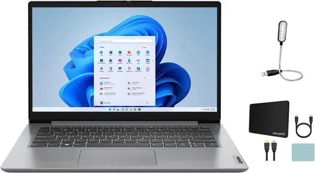 Main image of Lenovo IdeaPad 1 14" HD Screen Laptop, Intel Celeron N4020, 4GB RAM, 128GB eMMC + 256GB M.2 PCIe SSD, Webcam, Wi-Fi 6, Windwos 11 Home, Cloud Grey with Mazepoly Accessories