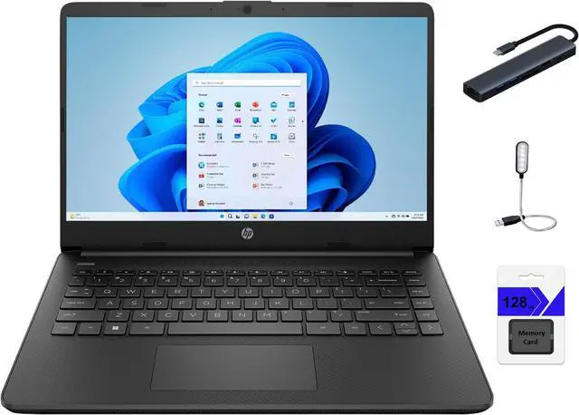 Main image of HP 14" HD (1366 x 768) Display Laptop, Intel Celeron N4120, 1.1GHz, 8GB Memory, 128GB eMMC, Windows 11 Home in S Mode, One Year Office 365 Included, Jet Black + Mazepoly Accessories
