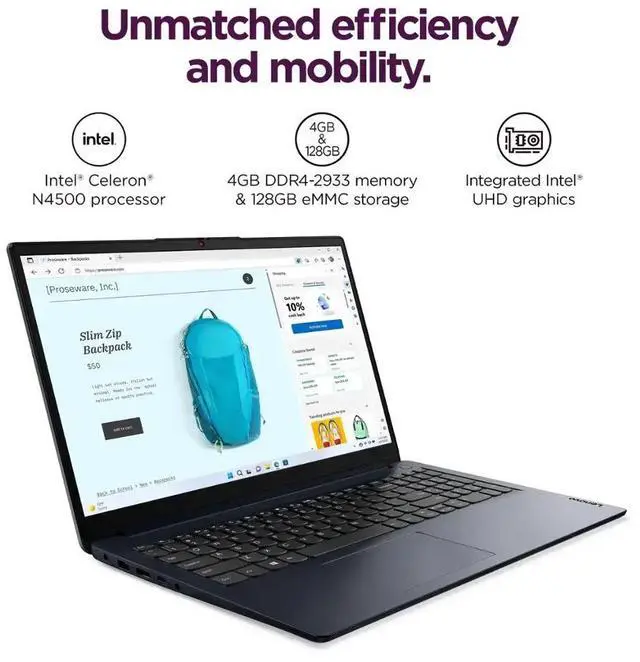 Alt view image 2 of 6 - Lenovo Ideapad 1 15.6 inch HD Laptop, Intel Celeron N4500, 12GB DDR4, 128GB eMMC + 512GB SSD, Win11 HS, One-year Office 365 Included, Abyss Blue with Mazepoly Accessories