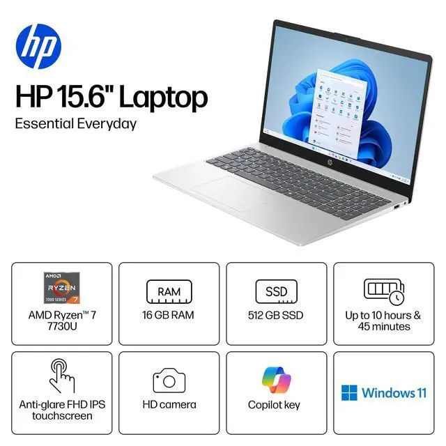 Alt view image 2 of 7 - HP 15.6 inch FHD Touchscreen Laptop, AMD Ryzen 7 7730U, 16GB RAM, 1TB SSD, Wi-Fi, Windows 11 Home, Copilot AI, Natural Silver with Mazepoly Accessories