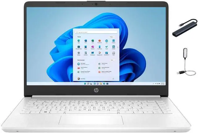 Main image of HP 14" HD Business Laptop, Intel Celeron N4500, 16GB DDR4 RAM, 64GB eMMC + 1TB SSD, Copilot AI, Win11 Home in S Mode, 1 Year Office 365 included, Snowflake White + Mazepoly Accessories