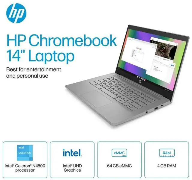 Alt view image 3 of 7 - HP Chromebook 14 HD Laptop, Student and Business Laptop, Intel Celeron N4500, 4GB RAM, 64GB eMMC, Long Battery Life, HP Fast Charge, Chrome OS, Gray with Mazepoly Accessories