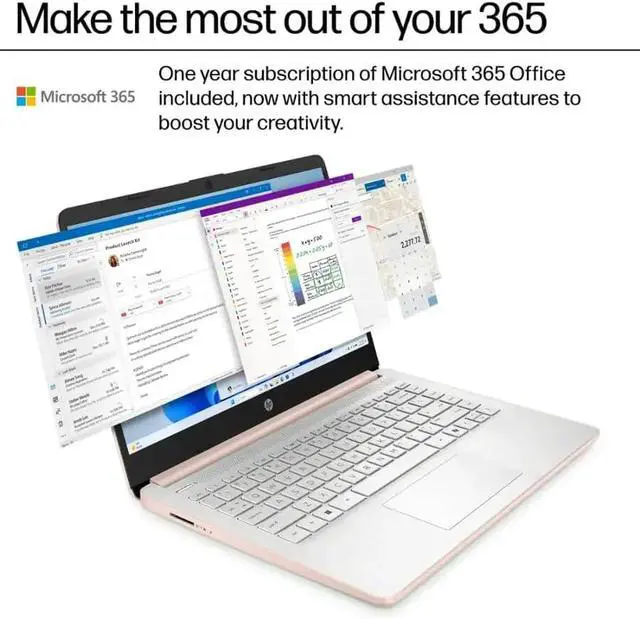 Alt view image 5 of 6 - HP 14 inch HD Laptop, Intel Processor N150 Processor, 4GB DDR4 RAM, 128GB UFS, Wi-Fi, Windows 11 Home in S Mode, One-Year Microsoft Office 365, Pale Rose Gold with Mazepoly Accessories