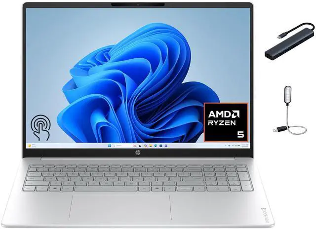 Main image of HP OmniBook 3 16" 2K Touchscreen Laptop, AMD Ryzen 5 40, Copilot AI, 8GB DDR5 RAM, 256GB SSD, AMD Radeon 610M, Windows 11 Home, Glacier Silver with Mazepoly Accessories
