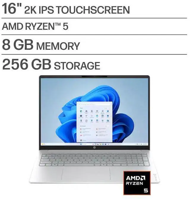 Alt view image 2 of 7 - HP OmniBook 3 16" 2K Touchscreen Laptop, AMD Ryzen 5 40, Copilot AI, 8GB DDR5 RAM, 256GB SSD, AMD Radeon 610M, Windows 11 Home, Glacier Silver with Mazepoly Accessories