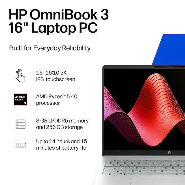 Alt view image 3 of 7 - HP OmniBook 3 16" 2K Touchscreen Laptop, AMD Ryzen 5 40, Copilot AI, 8GB DDR5 RAM, 256GB SSD, AMD Radeon 610M, Windows 11 Home, Glacier Silver with Mazepoly Accessories