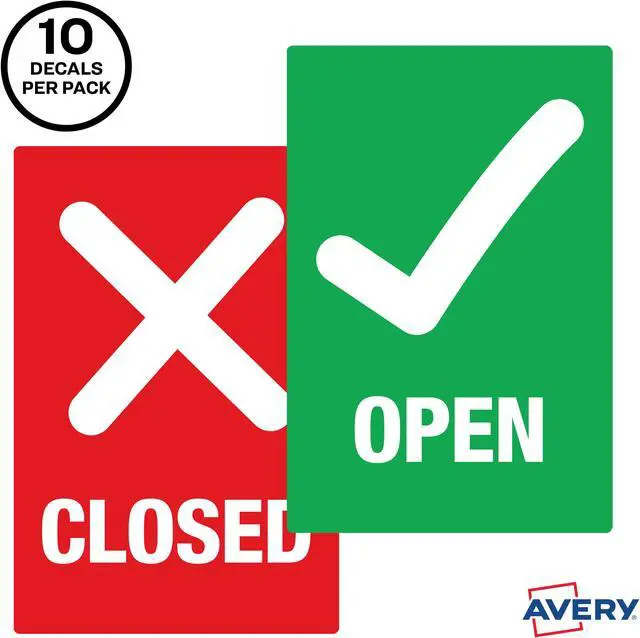 Alt view image 2 of 14 - Avery "Open/Closed" Green/Red Signs, 4" x 6", 10 Decals (83070)