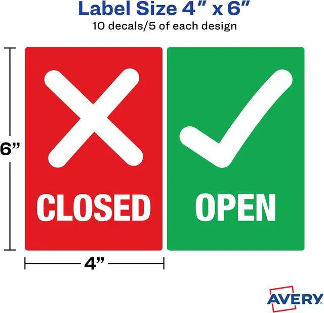 Alt view image 4 of 14 - Avery "Open/Closed" Green/Red Signs, 4" x 6", 10 Decals (83070)
