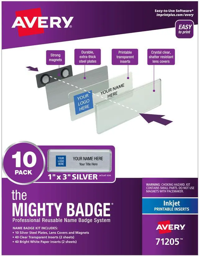 Main image of The Mighty Badge 1x3 Silver, 10 Reusable Name Tags 80 Inkjet Inserts