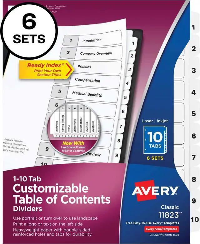 Main image of Avery Ready Index 10 Tab Dividers, Customizable TOC, 6 Sets (11823)