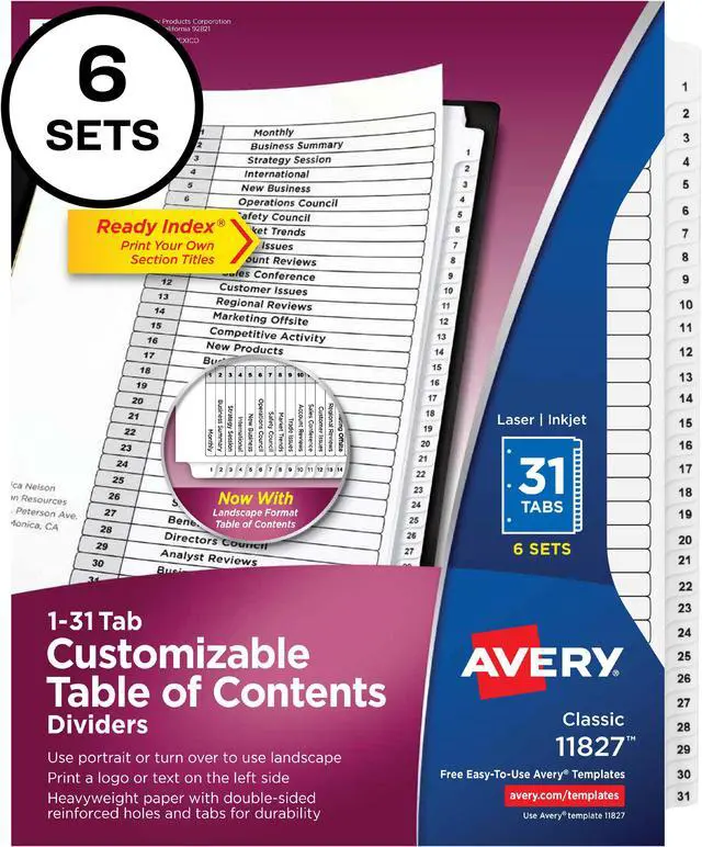 Main image of Avery Ready Index 31 Tab Dividers, Customizable TOC, 6 Sets (11827)