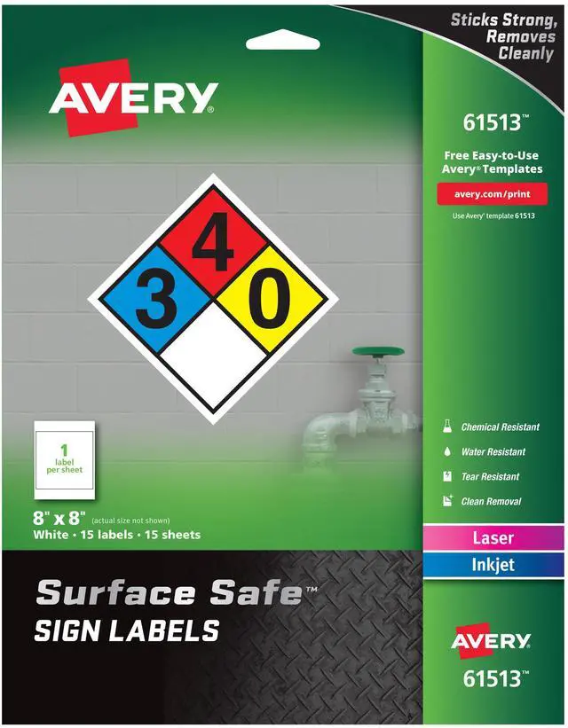 Main image of Avery 61513 (7278261513) Surface Safe Sign Labels, 8.00" x 8.00", Removable Adhesive, Water & Chemical Resistant, Pack of 15