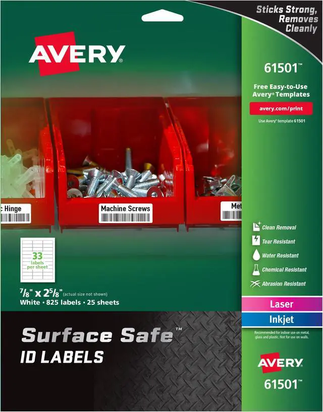 Alt view image 3 of 12 - Avery Surface Safe ID Labels, 7/8" x 2-5/8", Water Resistant, Matte White, Removable Adhesive, 825 Labels (61501)