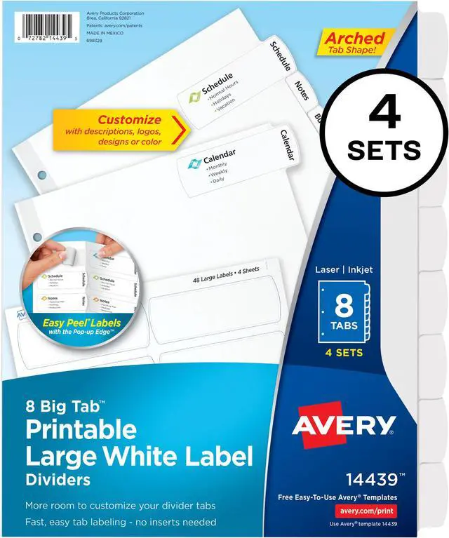 Alt view image 3 of 14 - Avery AVE14439 Easy Peel Label Tab Divider, 8 Tab White - Pack of 6