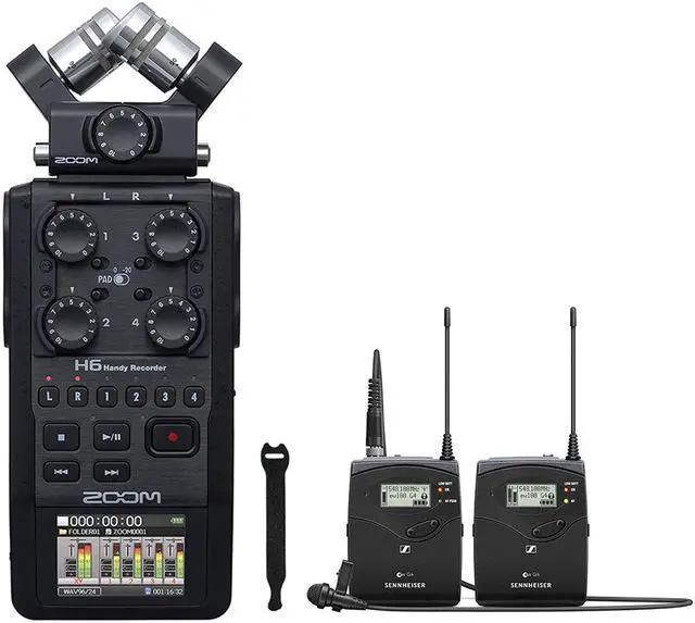Main image of Sennheiser EW 112P G4 Camera-Mount Wireless Omni Lavalier Mic (A: 516 to 558 MHz) with Zoom H6 All Black Portable Recorder & 10-Pack Straps Bundle
