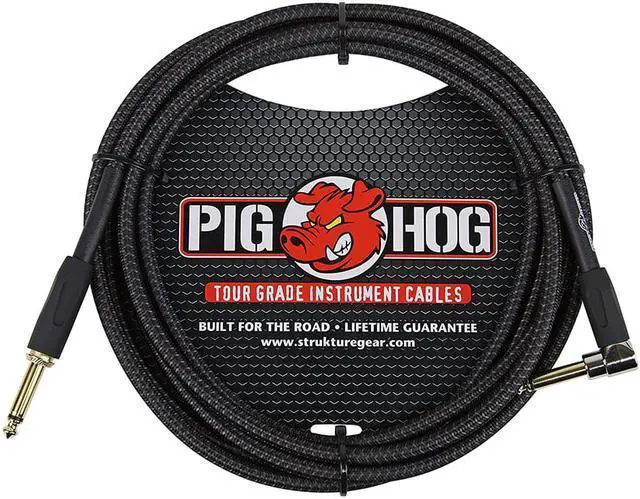 Alt view image 3 of 7 - Pig Hog Instrument Cable Black Woven 1/4" to 1/4" Right Angle 10 ft. Black Woven