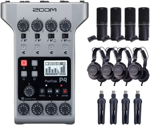 Main image of Zoom PodTrak P4 Portable Multitrack Podcast Recorder Bundle with 4x Zoom ZDM-1 Podcast Pack