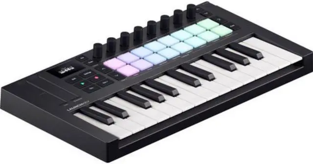 Alt view image 2 of 7 - Novation Launchkey Mini 25 MK4 USB MIDI Keyboard Controller (25 Mini Keys) Bundle with Auray FP-P1L Universal Piano-Style Sustain Pedal and Hosa Mid-310 Black 10 ft. Midi cable