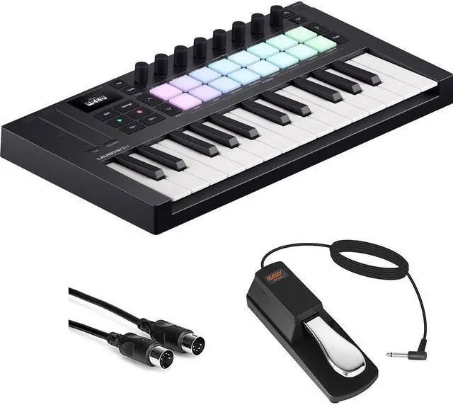 Main image of Novation Launchkey Mini 25 MK4 USB MIDI Keyboard Controller (25 Mini Keys) Bundle with Auray FP-P1L Universal Piano-Style Sustain Pedal and Hosa Mid-310 Black 10 ft. Midi cable