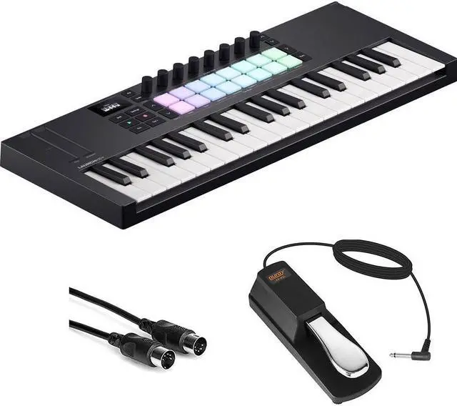 Main image of Novation Launchkey Mini 37 MK4 USB MIDI Keyboard Controller (37 Mini Keys) Bundle with Auray FP-P1L Universal Piano-Style Sustain Pedal and Hosa Mid-310 Black 10 ft. Midi cable