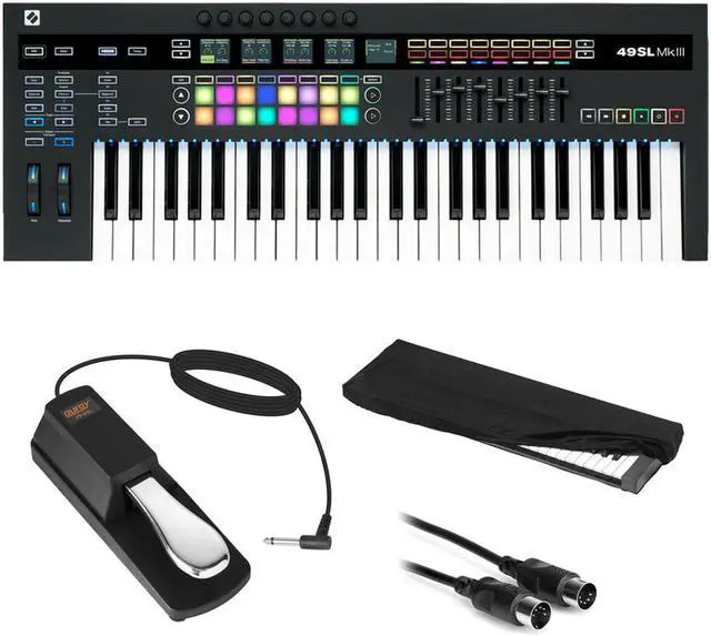 Main image of Novation SL MkIII 49-Note MIDI and CV Keyboard Controller/Sequencer with Sustain Pedal (Piano Style), Keyboard Cover & MIDI Cable Bundle