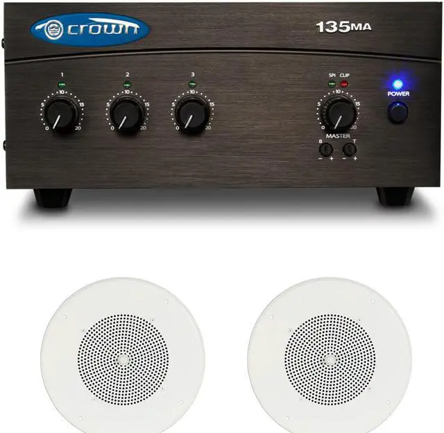 Main image of Crown Audio 135MA 3 x 1 35W Commercial Mixer/Amplifier Bundle with 2x Bogen Communications Ceiling Speaker Assembly (White)