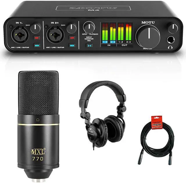 Main image of Motu M4 4x4 USB Audio Interface with MXL 770 Cardioid Microphone (Black), HPC-A30 Studio Monitor Headphones & XLR Cable Bundle