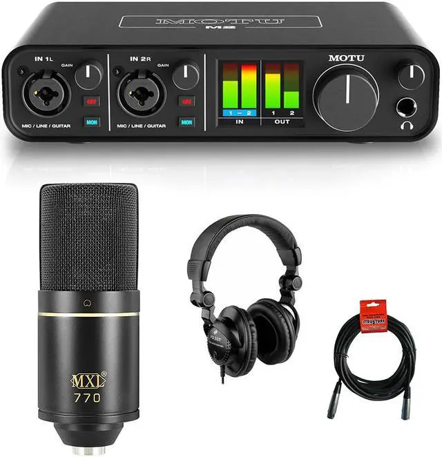Main image of Motu M2 2x2 USB Audio Interface with MXL 770 Cardioid Microphone (Black), HPC-A30 Studio Monitor Headphones & XLR Cable Bundle
