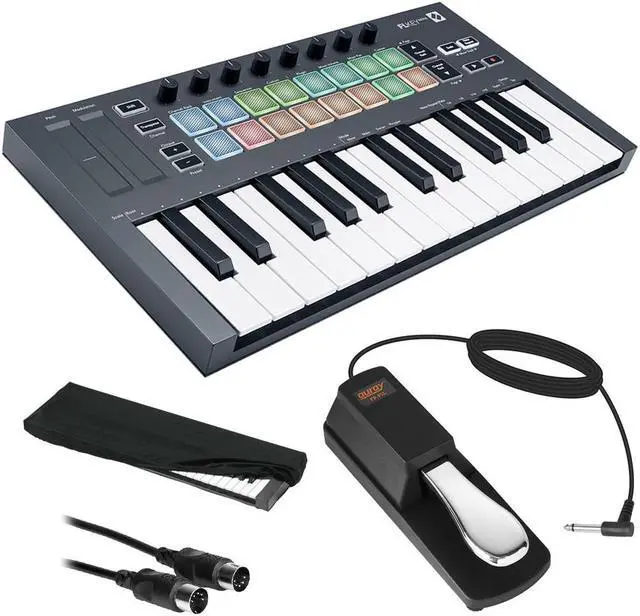Main image of Novation FLkey Mini USB MIDI Keyboard Controller for FL Studio (25-Mini Keys) Bundle with Auray FP-P1L Piano-Style Sustain Pedal, 10' MIDI Cable, and Medium Dust Cover