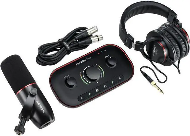 Main image of Focusrite Vocaster Two Studio — Podcasting Interface for Recording Host & Guest, with Professional Quality Vocaster DM14v Dynamic Microphone & HP60v Headphones. Two Mic Inputs & Two Headphone Outputs