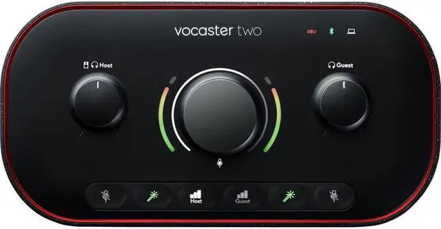 Alt view image 5 of 20 - Focusrite Vocaster Two Studio — Podcasting Interface for Recording Host & Guest, with Professional Quality Vocaster DM14v Dynamic Microphone & HP60v Headphones. Two Mic Inputs & Two Headphone Outputs