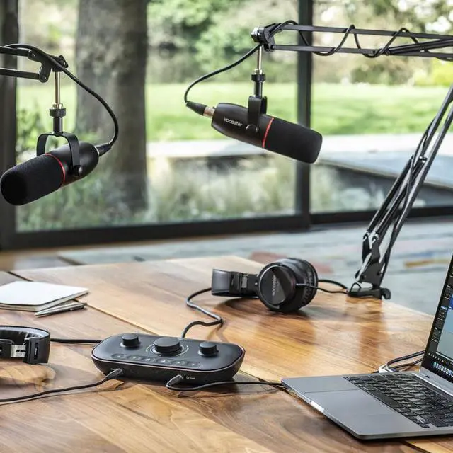 Alt view image 6 of 20 - Focusrite Vocaster Two Studio — Podcasting Interface for Recording Host & Guest, with Professional Quality Vocaster DM14v Dynamic Microphone & HP60v Headphones. Two Mic Inputs & Two Headphone Outputs