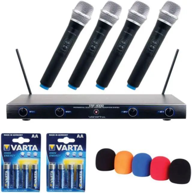 Main image of VocoPro VHF-4000-2 Professional Quad VHF Wireless Microphone System with WS-5 Microphone Windscreen Set and (2) AA LR6 Alkaline Battery (4-Pack)