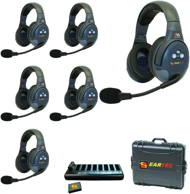Alt view image 2 of 7 - Eartec EVADE EVX6D Full-Duplex Wireless Intercom System with 6 Dual-Ear Headsets (2.4 GHz) with Goby Labs Spray for Headphones and Kellards Cleaning Wipes (5-Pack)