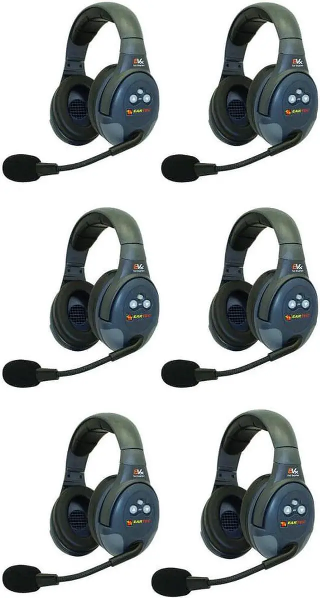 Alt view image 3 of 7 - Eartec EVADE EVX6D Full-Duplex Wireless Intercom System with 6 Dual-Ear Headsets (2.4 GHz) with Goby Labs Spray for Headphones and Kellards Cleaning Wipes (5-Pack)