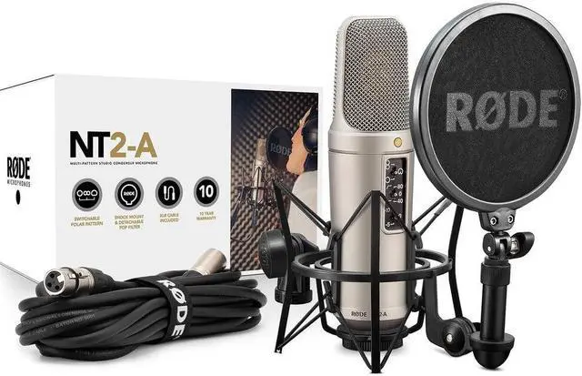 Alt view image 2 of 7 - RODE NT2-A Large-Diaphragm Multipattern Condenser Microphone Bundle with Auray RF-5P-B Reflection Filter (Metal) and Auray RFMS-580 Filter Mic Stand