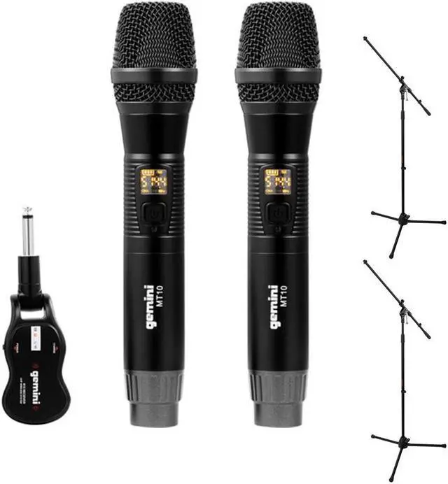 Main image of Gemini GMU-M200 Dual Handheld UHF Wireless Microphone System with Plug-In Receiver (512 to 541.7 MHz) Bundle with 2x Auray MS-5230F Tripod Microphone Stand with Fixed Boom