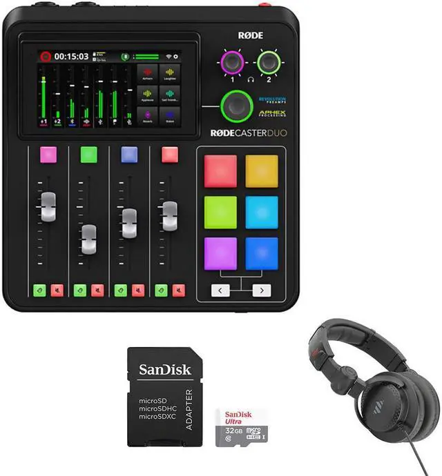 Main image of RODE RODECaster Duo Integrated Audio Production Studio Bundle with Polsen HPC-A30 Studio Monitor Headphones and SanDisk 32GB SDHC Memory Card