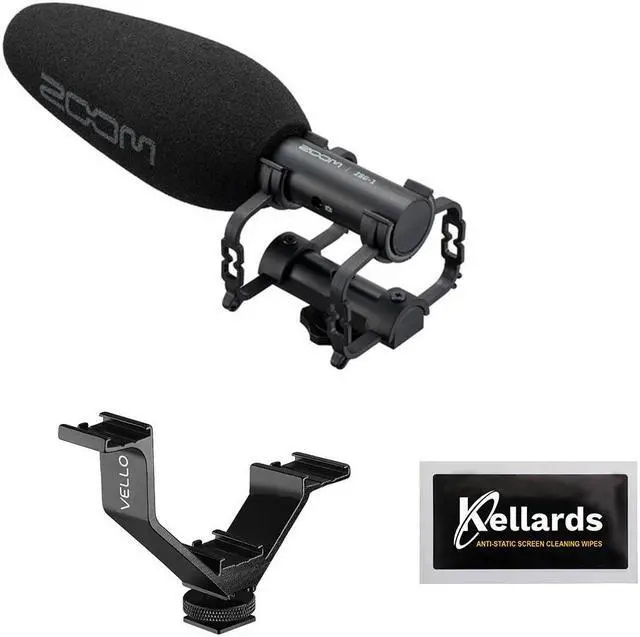 Main image of Zoom ZSG-1 On-Camera Shotgun Microphone Bundle with Vello V-Rig 4.1" Triple Shoe Bracket and Anti-Static Screen Cleaning Wipes (5-Pack)