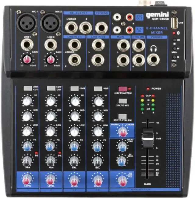Alt view image 2 of 5 - Gemini Sound GEM-08USB - 8-Channel Bluetooth Audio Mixer, Professional Compact DJ Mixer with USB Playback, Phantom Power, 3-Band EQ, and Adjustable FX