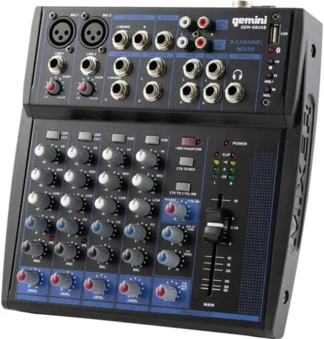 Alt view image 4 of 5 - Gemini Sound GEM-08USB - 8-Channel Bluetooth Audio Mixer, Professional Compact DJ Mixer with USB Playback, Phantom Power, 3-Band EQ, and Adjustable FX