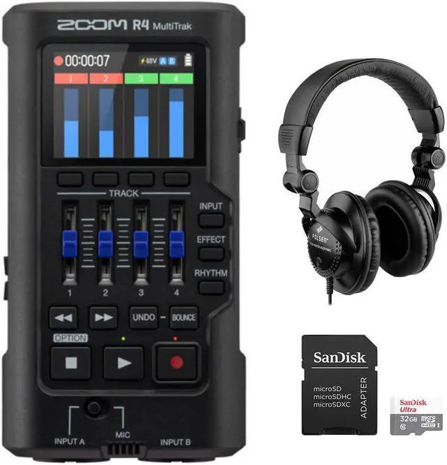 Main image of Zoom R4 MultiTrak 32-Bit Float Recorder with Stereo Bouncing Bundle with Polsen HPC-A30 Closed-Back Studio Monitor Headphones and SanDisk 32GB Ultra Memory Card