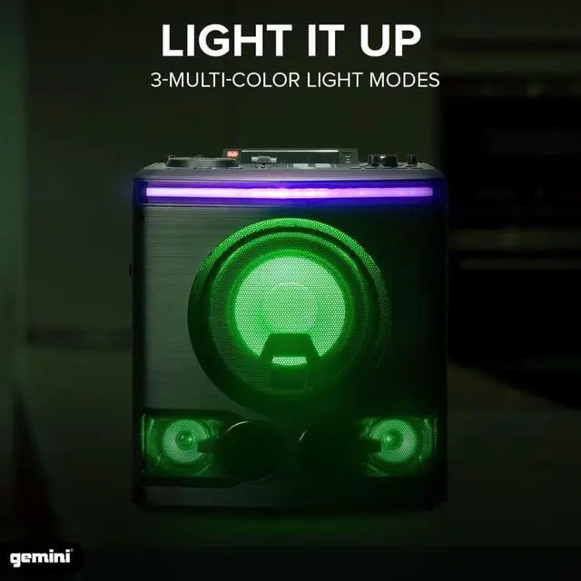 Alt view image 5 of 7 - Gemini Sound GPK-800  2400W Home Karaoke Party Speaker with Bluetooth, USB & FM Radio, Dual Mic Inputs, Multi-Color LED Lighting, and DJ-Style Sound FX for Events and Entertainment