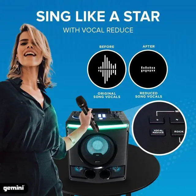 Alt view image 7 of 7 - Gemini Sound GPK-800  2400W Home Karaoke Party Speaker with Bluetooth, USB & FM Radio, Dual Mic Inputs, Multi-Color LED Lighting, and DJ-Style Sound FX for Events and Entertainment