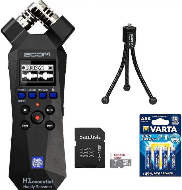 Main image of Zoom H1essential 2-Track 32-Bit Float Portable Audio Recorder Bundle with SanDisk 32GB Memory Card with SD Adapter, Varta High Energy AAA 4 Pack and Magnus SnapPod Compact Tabletop Tripod