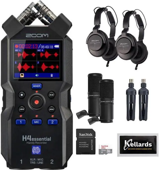 Main image of Zoom H4essential 4-Track 32-Bit Float Portable Audio Recorder Bundle with 2-Pack Zoom ZDM-1 Podcast Mic Pack, 16GB microSDHC Memory Card, and Kellards Cleaning Pack