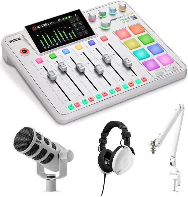 Main image of RØDE RØDECaster Pro II All-in-One Production Solution (White) Bundle with NTH-100 Professional Closed-Back Over-Ear Headphones, PodMic Dynamic Podcasting Microphone and PSA1+ Professional Studio Arm
