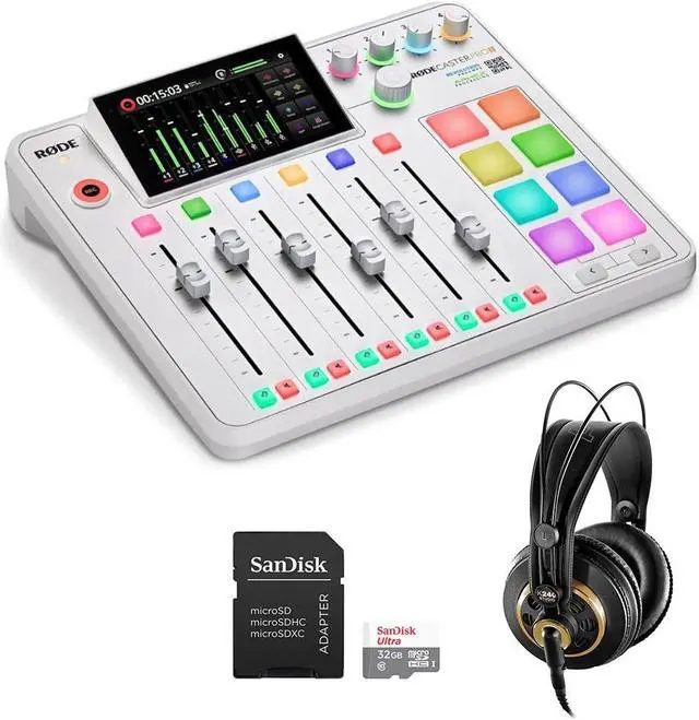 Main image of RODE RODECaster Pro II All-in-One Production Solution (White) Bundle with AKG Pro Audio K240 Professional Studio Headphones and SanDisk 32GB Memory Card with SD Adapter